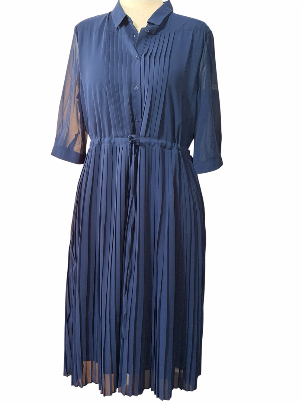 Pleated Navy Midi Shirt Dress with Tie Waist